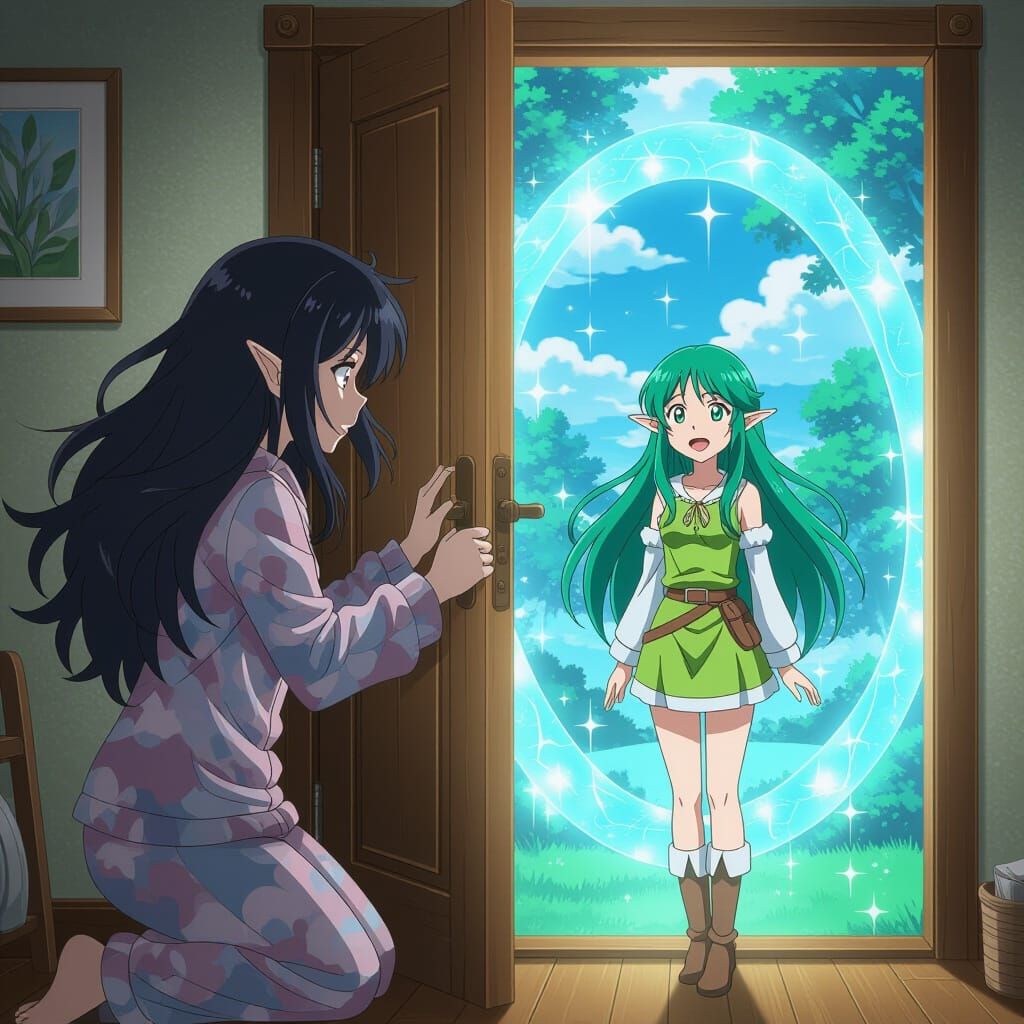 Anime Woman Opens Portal Revealing Elf in Fantasy Realm