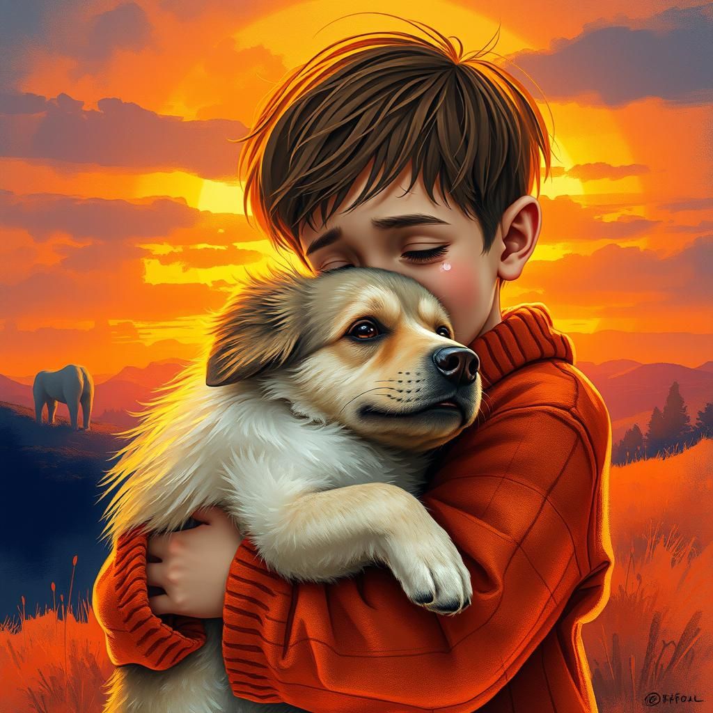 Boy and Dog Embrace at Dreamy Sunset