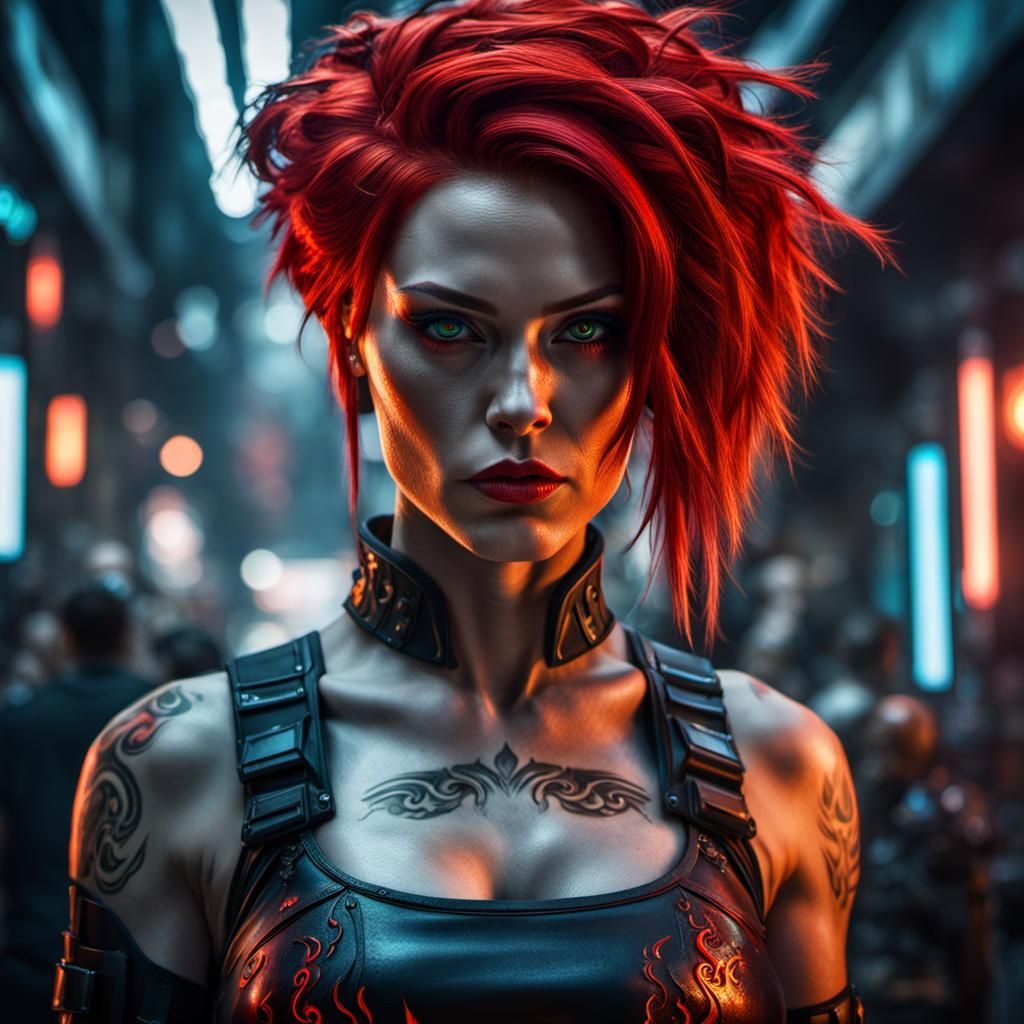 Beautiful Cyberpunk Girl with Flaming Hair in 8K