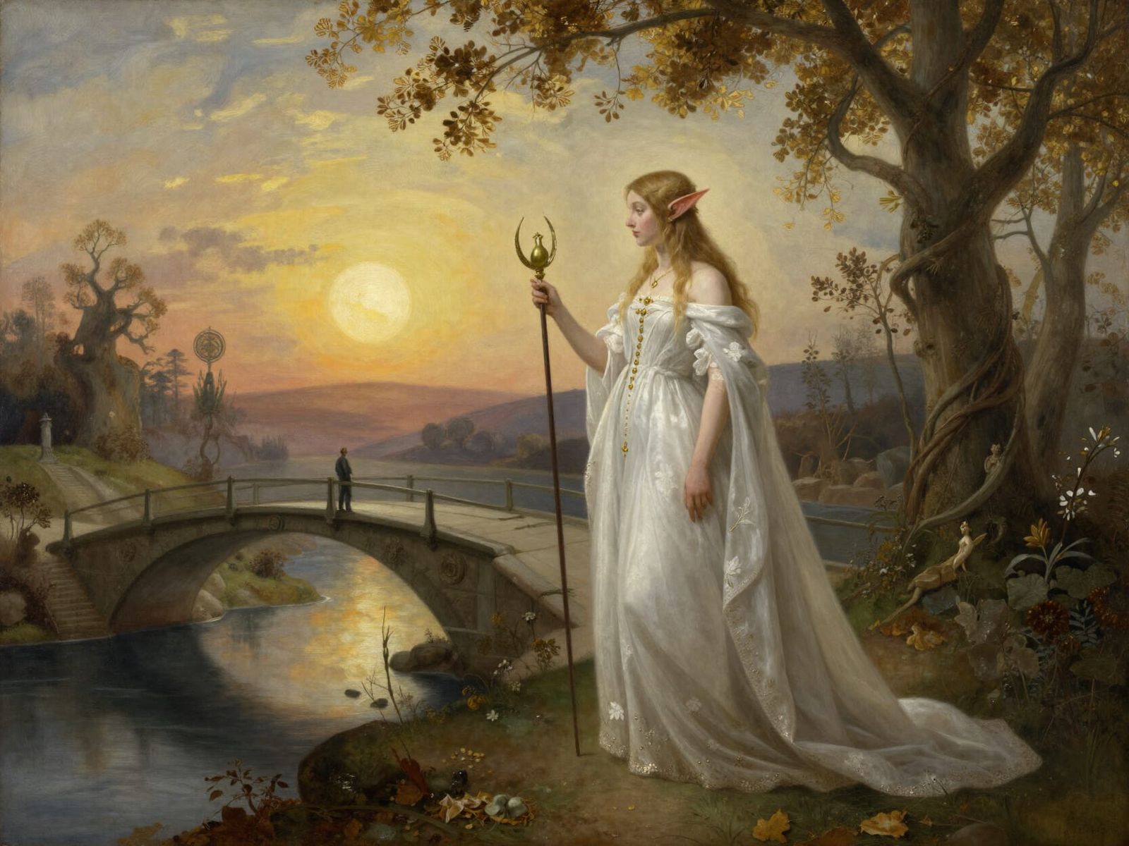 Medieval Elf Woman at Dawn Bridge Ritual Painting