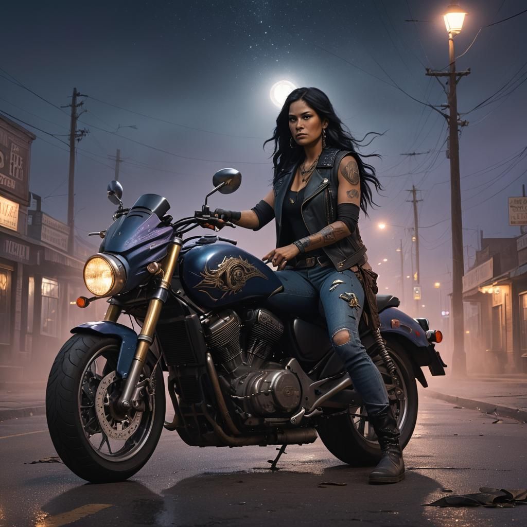 Motorcycle Rider Under Midnight Sky in Art Deco Style