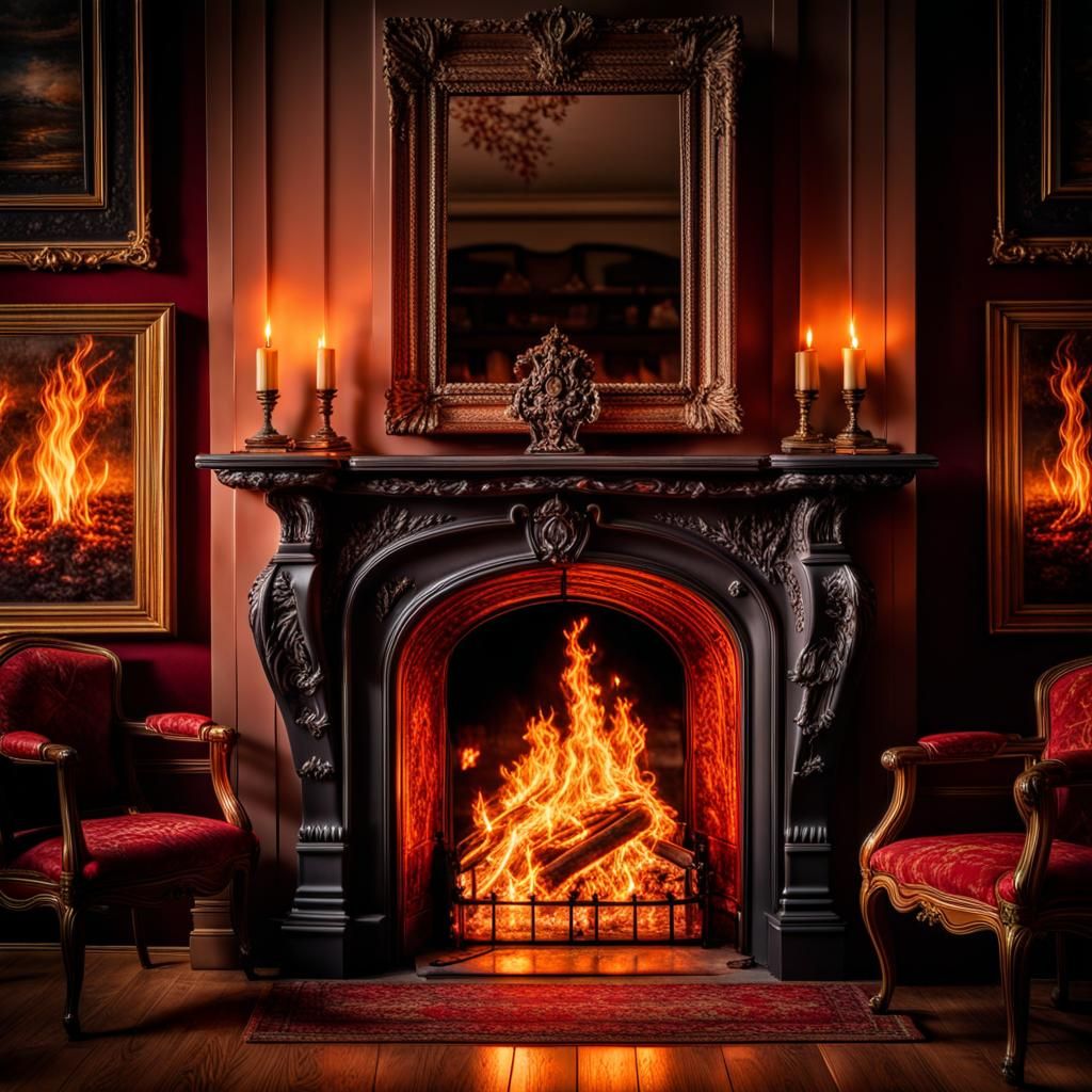 Golden Flames Dance in Victorian Fireplace