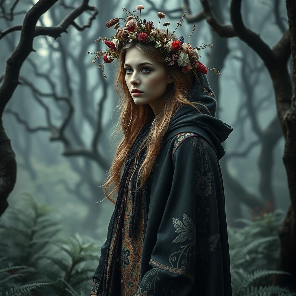 Ethereal Ukrainian Goddess in Enchanted Forest