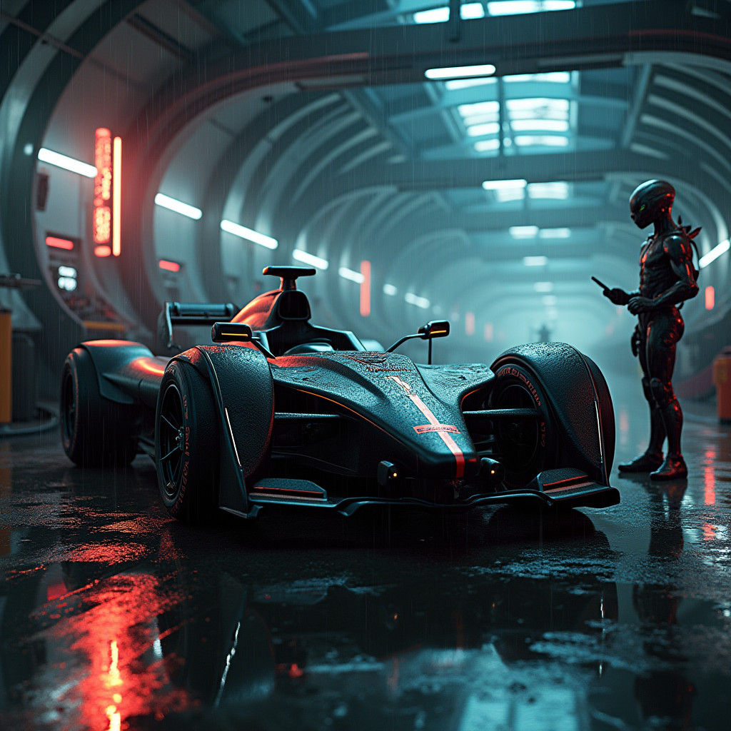 Cyberpunk Ferrari Repair in Neon Space City