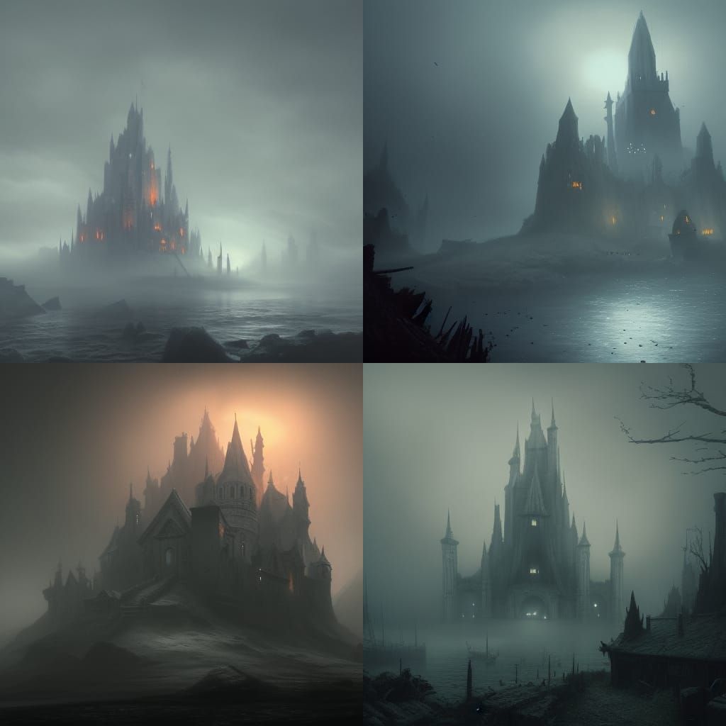 Ghost Castle in Fog: Dark Fantasy Art