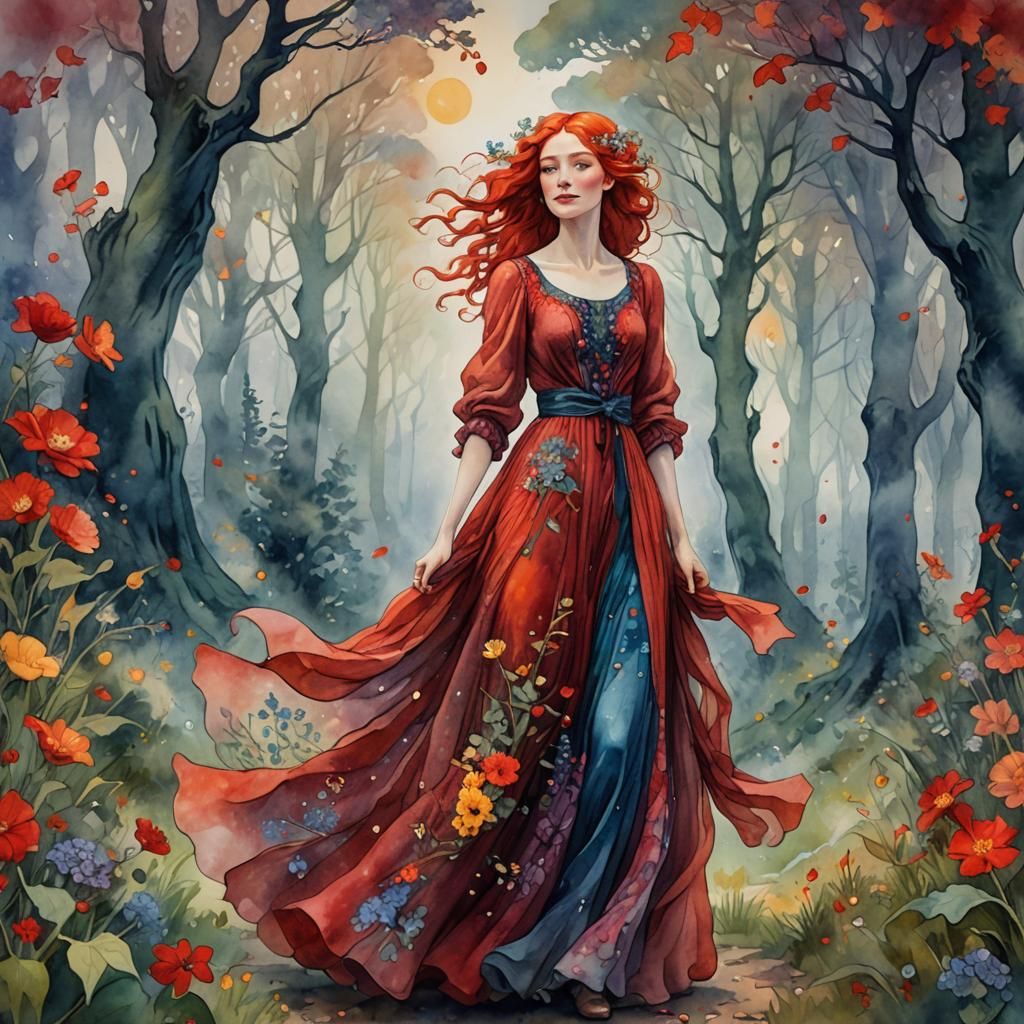 Woman in Flower Dress: Impressionistic Fantasy Art