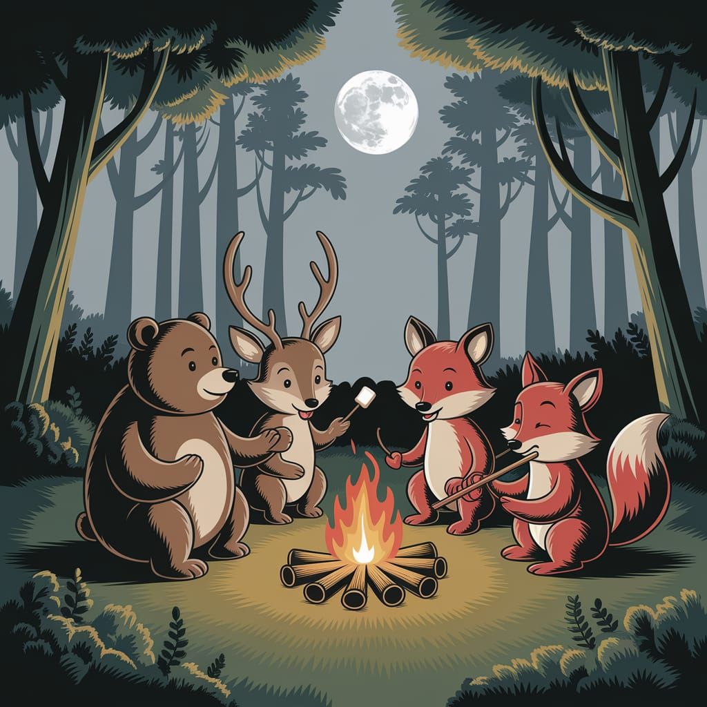 Enchanted Forest Campfire Under Moonlight