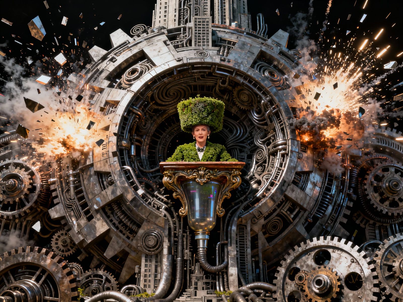 kerfluffle slurb morphotic TV presenter wearing topiary millinery encased within a mantlepiece siphon postsurreal implor...