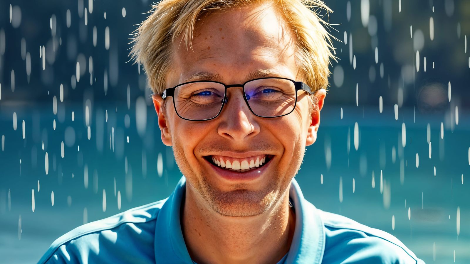 Happy Man Embracing Rainstorm in Bright Colors