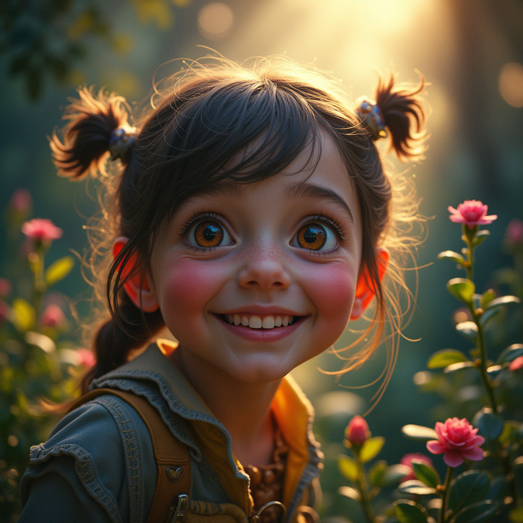 Joyful Girl in Whimsical Fantasy Landscape