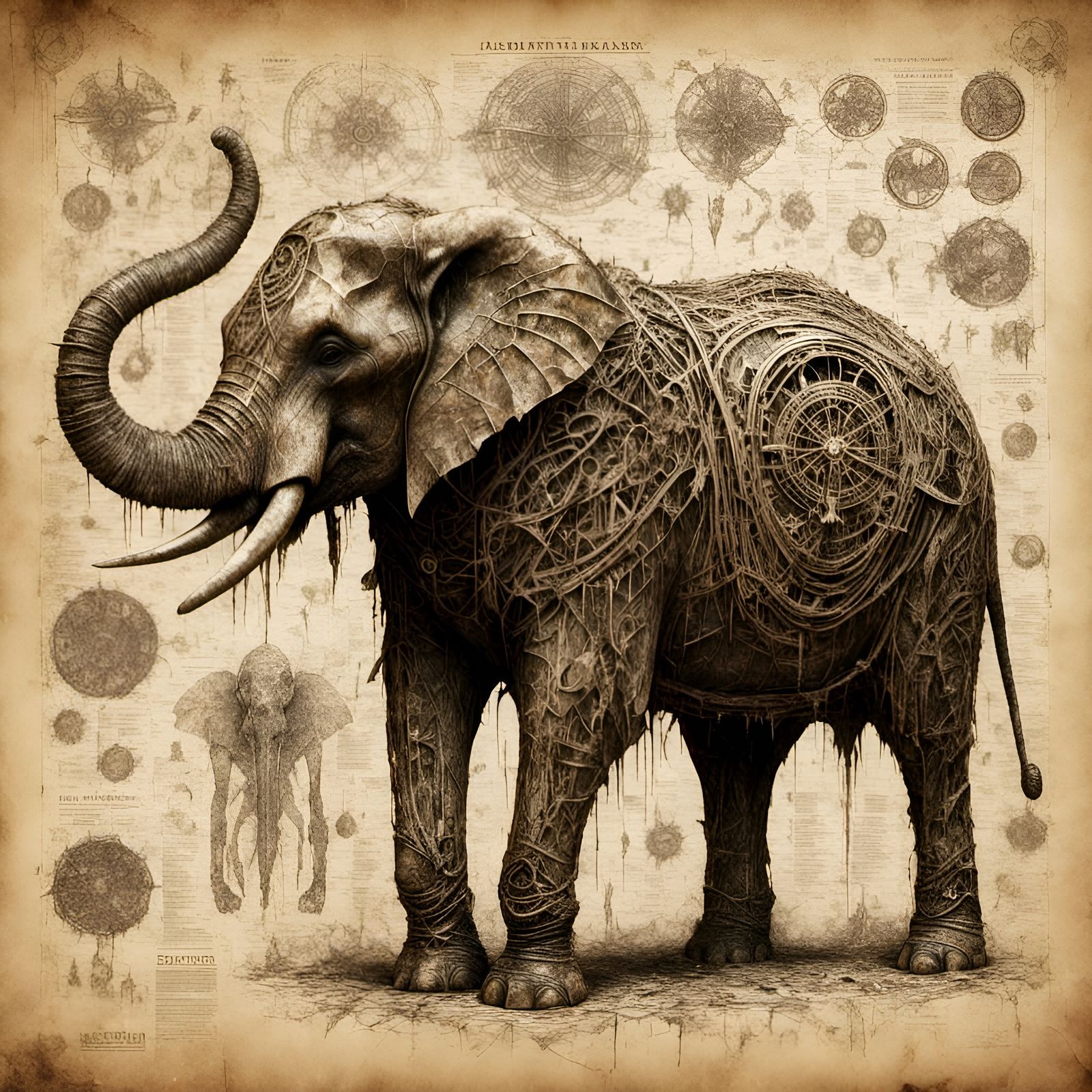 Ornate Elephant Blueprint Anatomy in Macabre Style