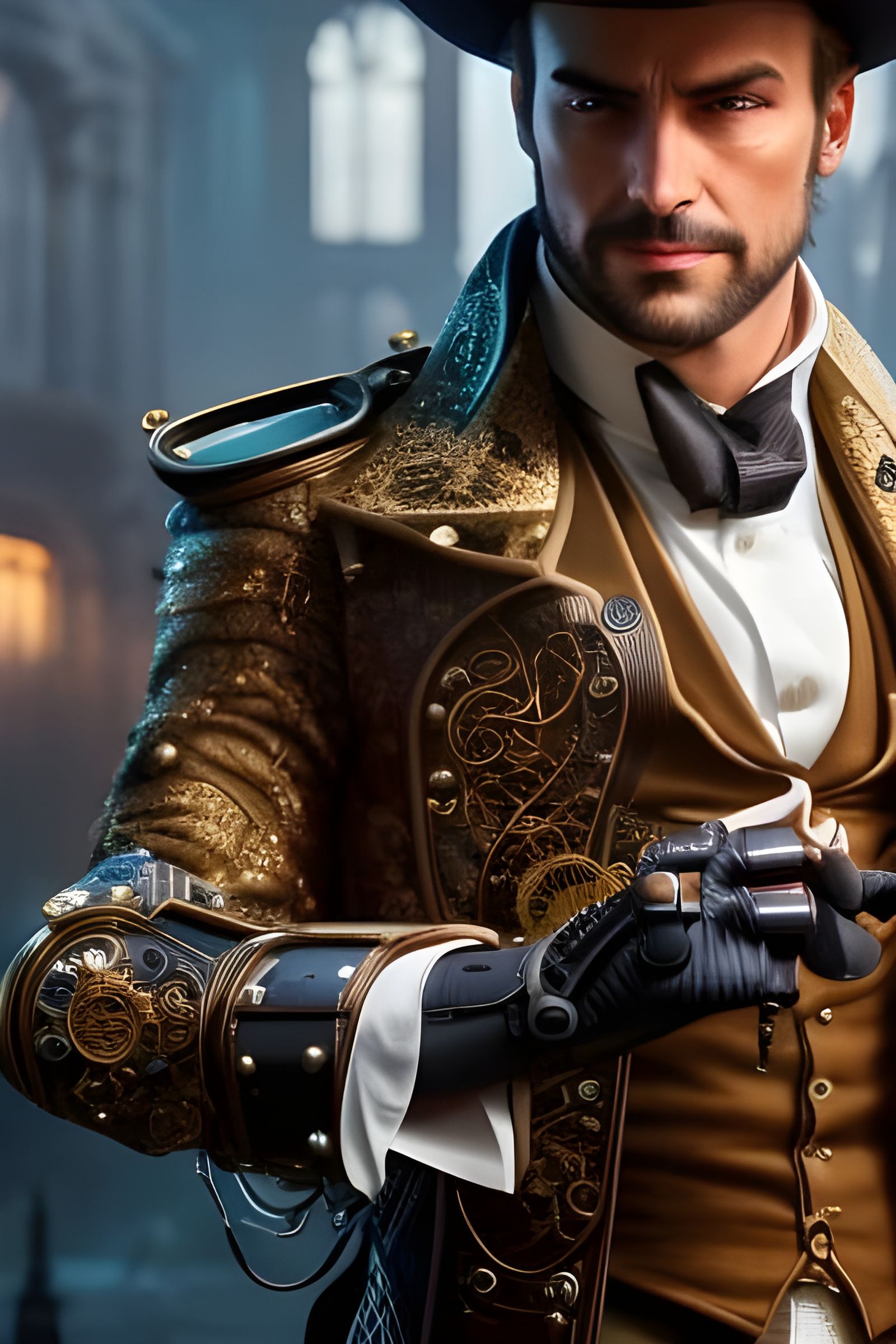 Steampunk Gentleman with Mechanical Arm in Victorian Era