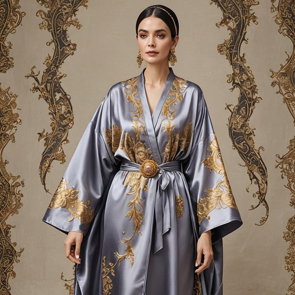 Mature Modest Feminine Woman wearing Satin Caftan Kaftan Abaya.