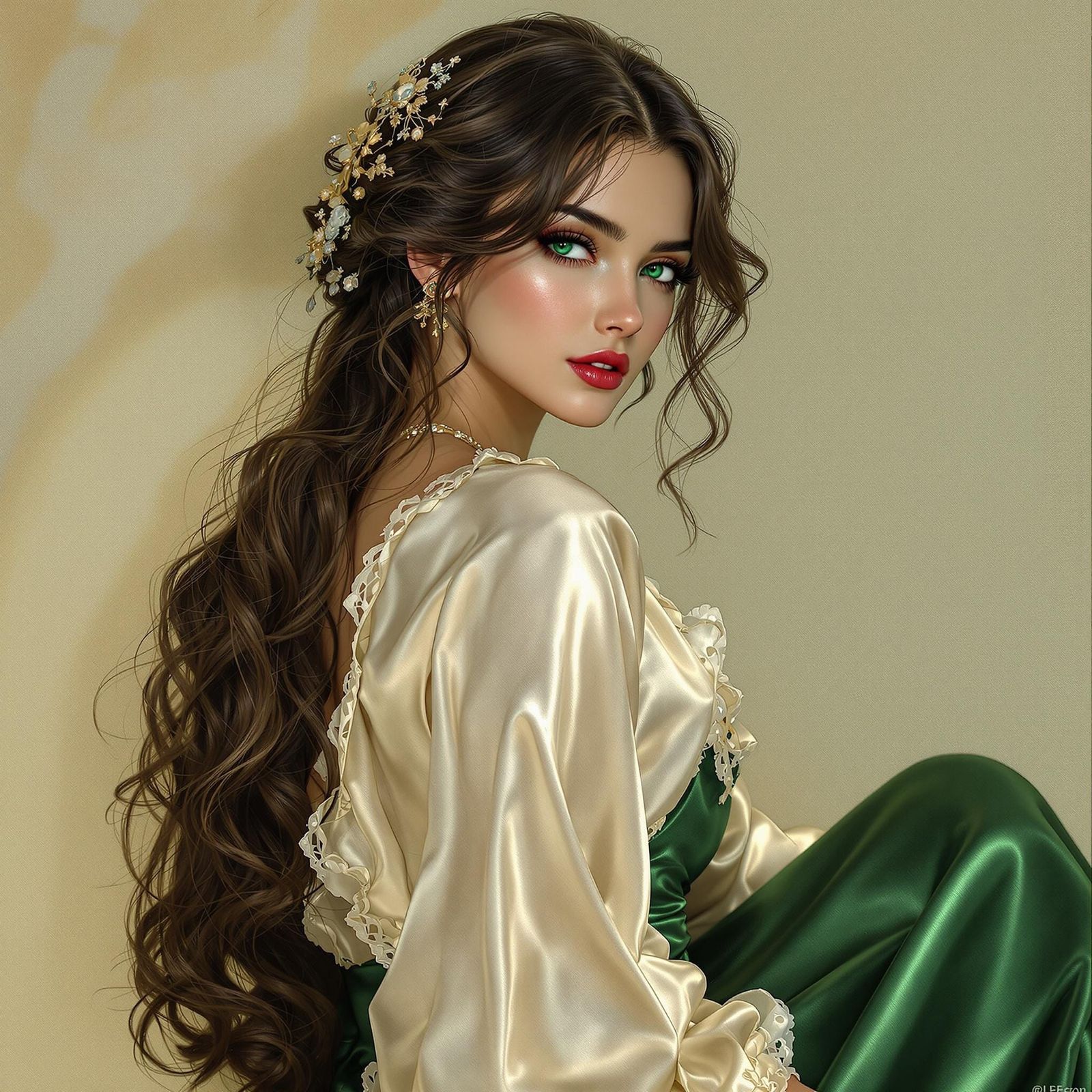 Hyperrealistic Goddess in Jewel-Toned Attire