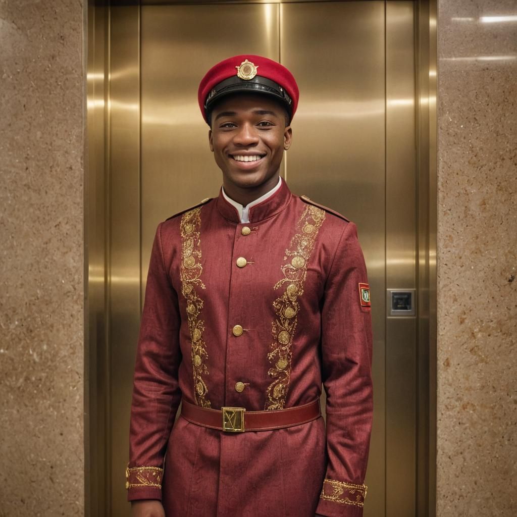 Smiling Elevator Operator in Luxurious Hotel
