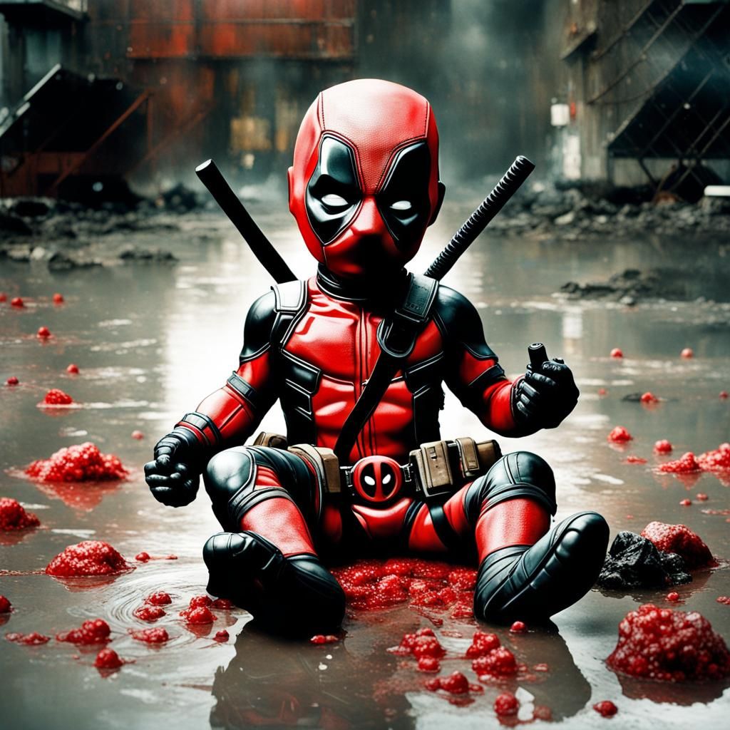 Hyperrealistic Portrait: Baby Deadpool in Mixed-Media Style