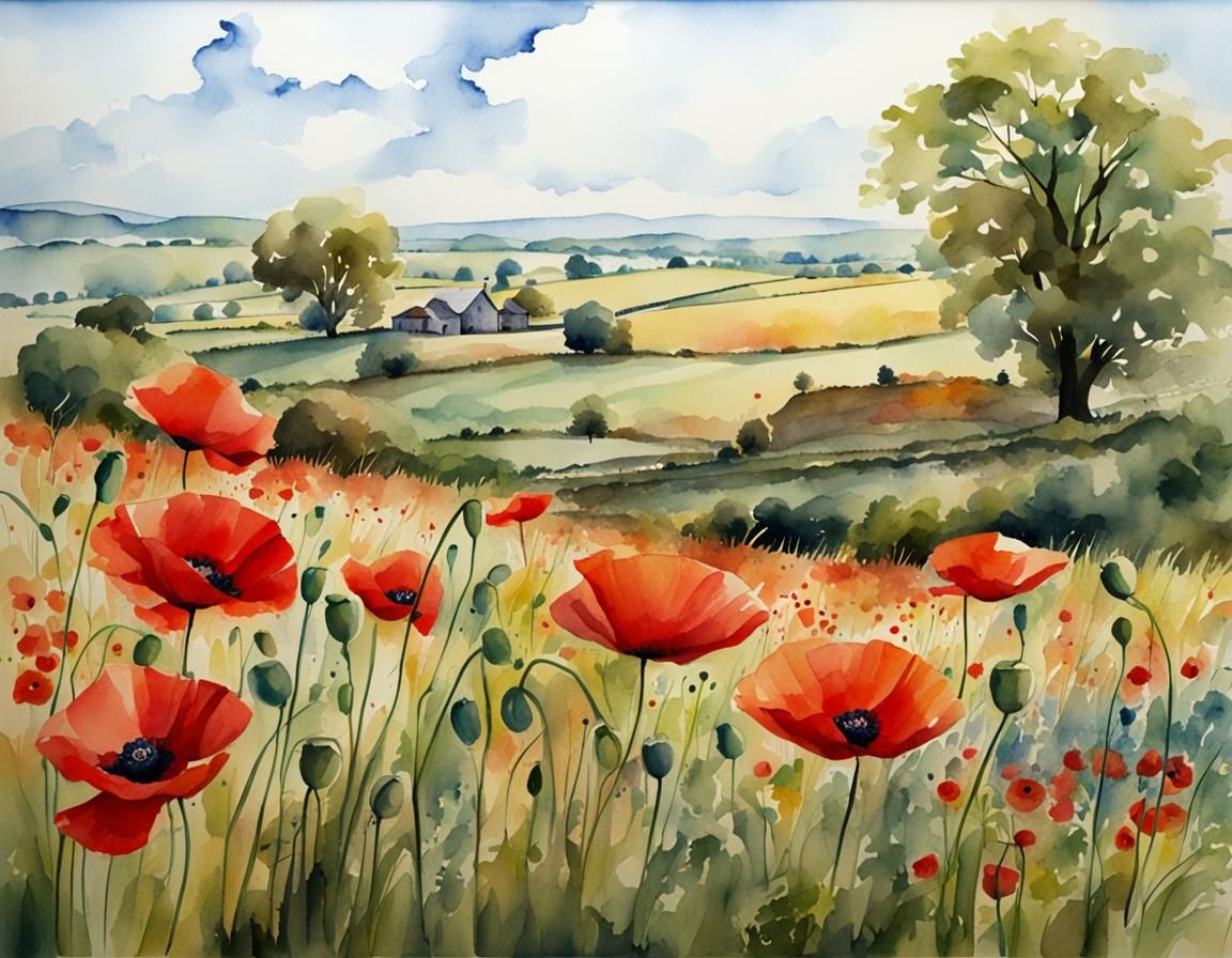 Watercolor Countryside with Poppies