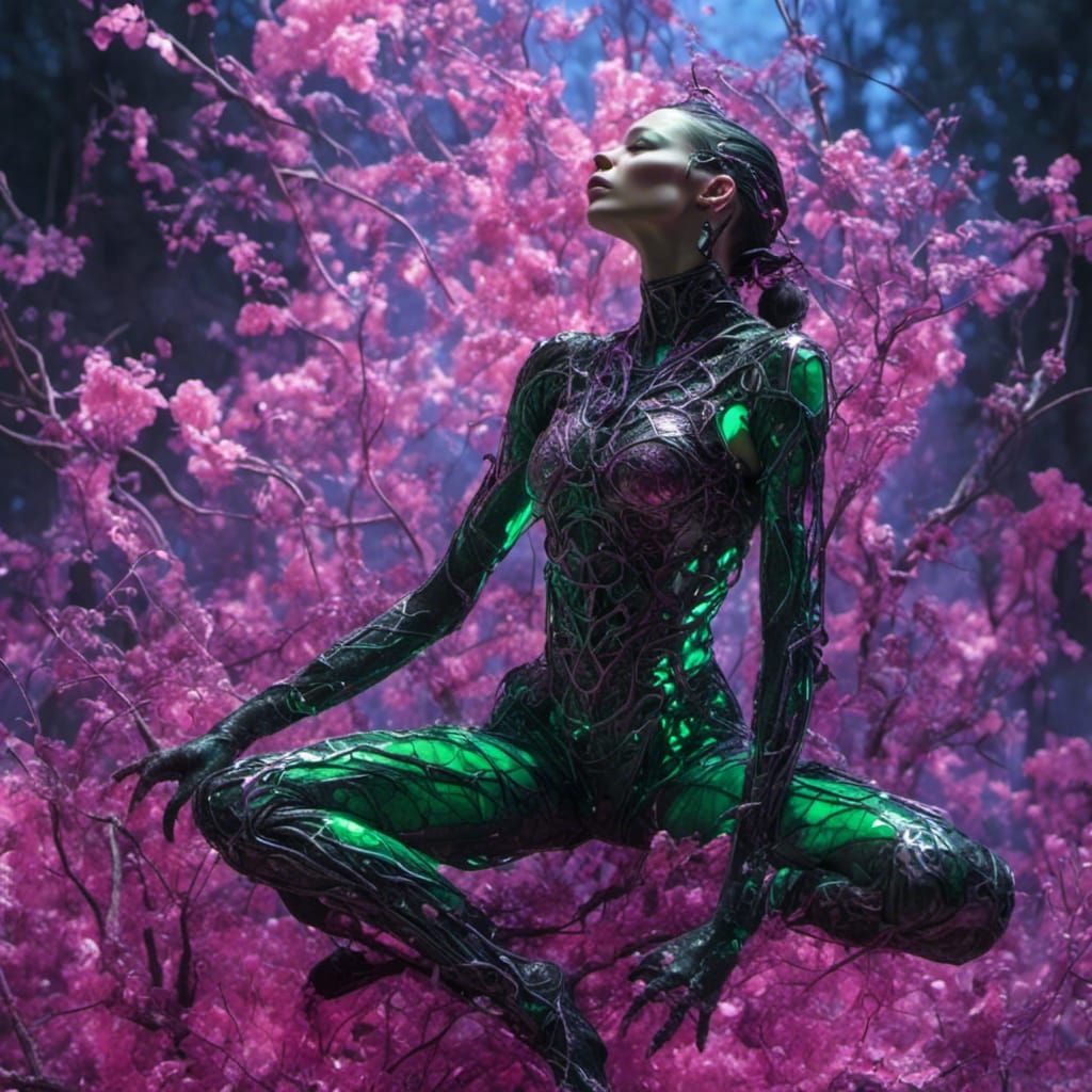Futuristic Pink-Skinned Cyborg Woman with Neon Glow