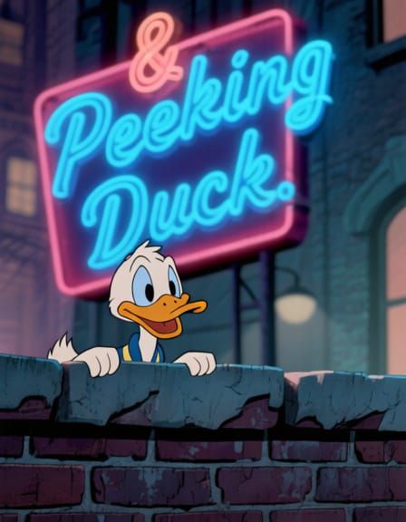 1940s Cartoon Duck Peeks Over Brick Wall with Neon Sign