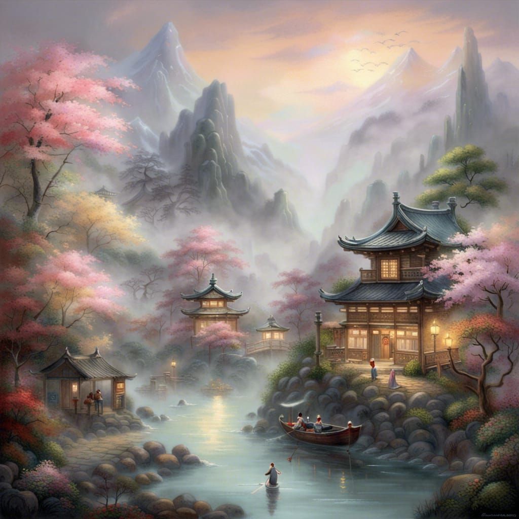 Ethereal Japanese Fantasy Landscape in Luminist Style