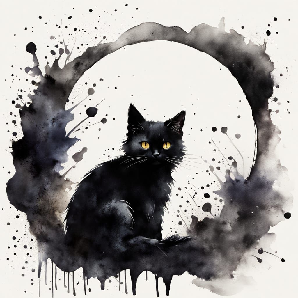 Black Cat on Black Blanket with Watercolour Splashes