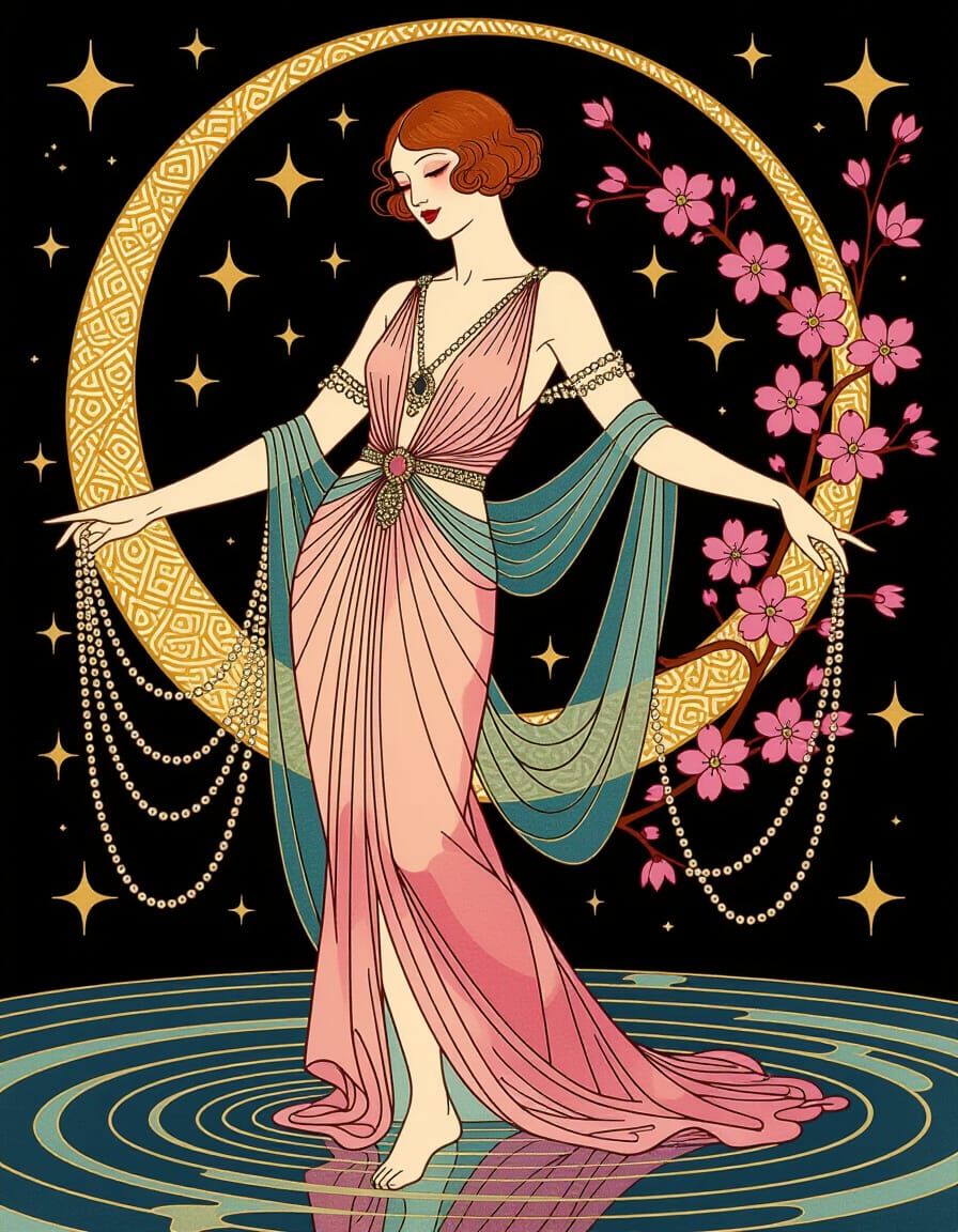 Elegant Art Deco Woman with Pearls and Moon