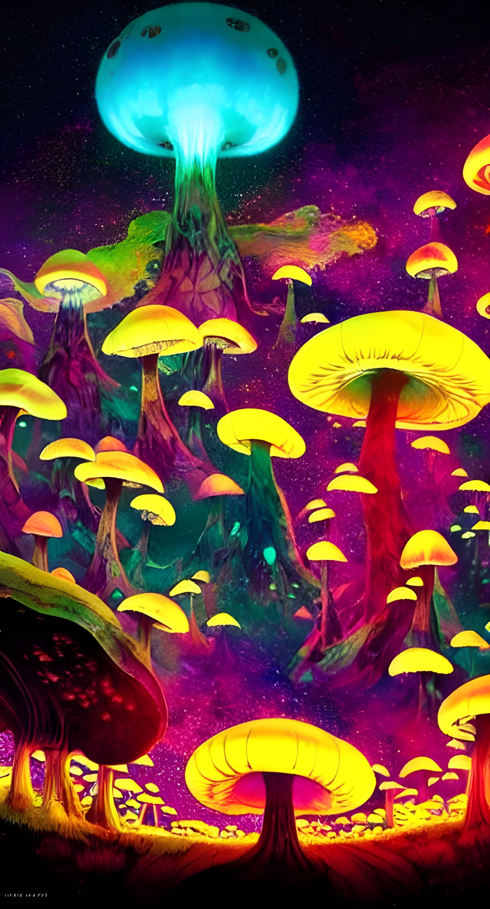 Cosmic Mushroom Landscape in Graphic Novel Style