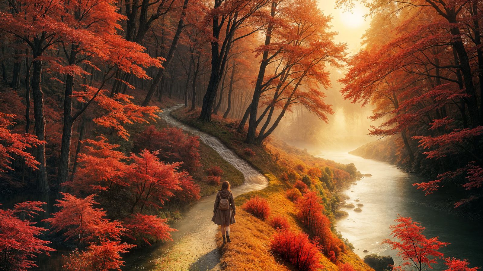 Ethereal Red Forest River Reflecting Sunlight