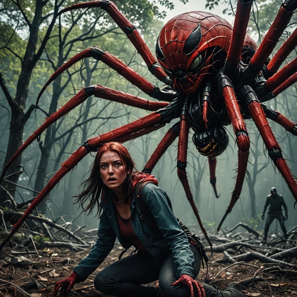 Horror: Girl vs. Giant Red Spider in Cinematic Still