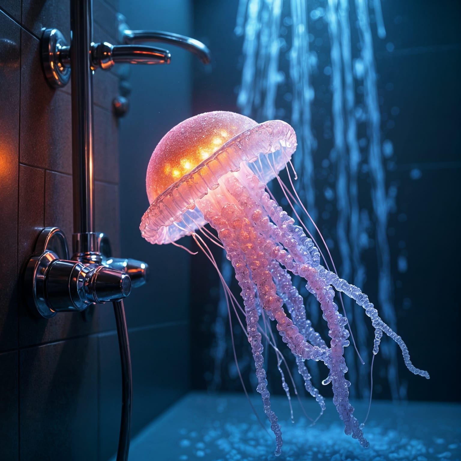 Glowing Jellyfish in a Sparkling Shower