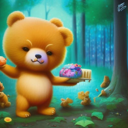 Cute Chibi Bear Eating Honey in Pop Surrealism