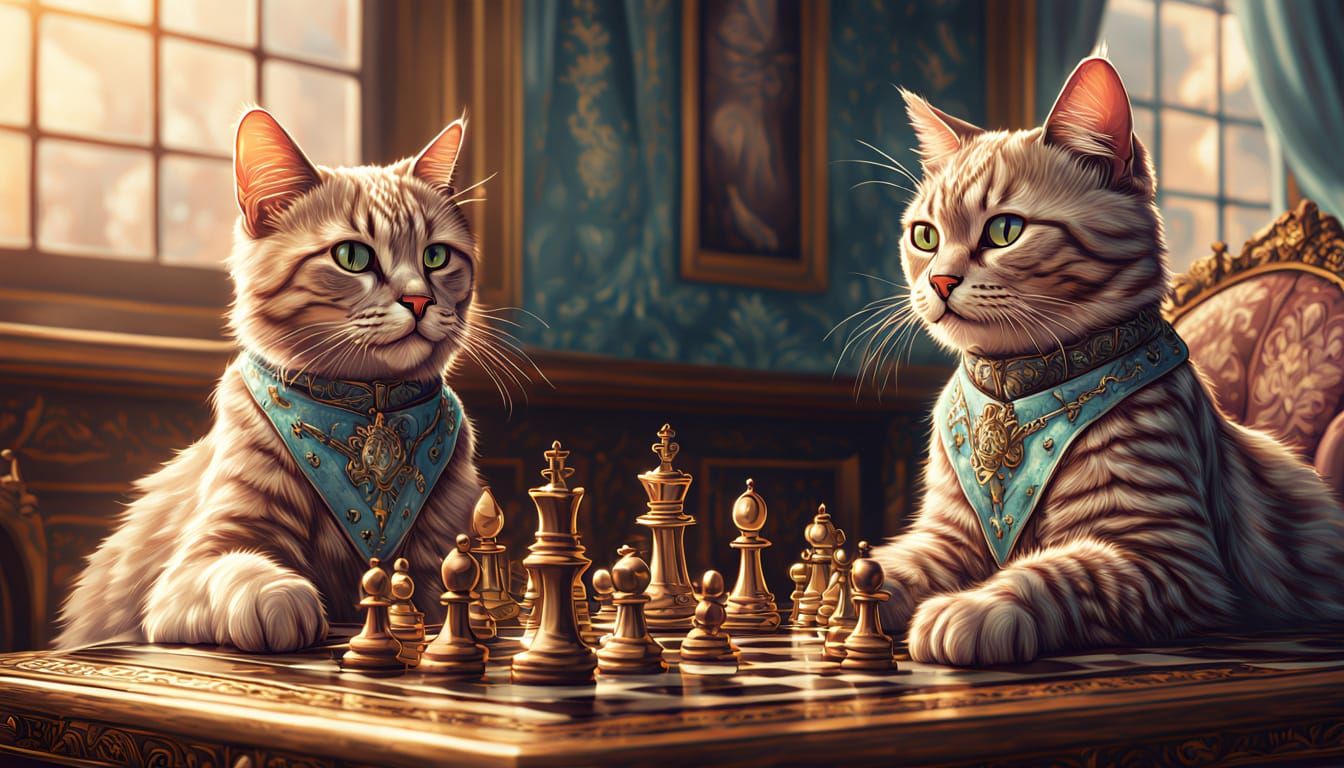 Regal Cats Engage in Whimsical Chess Match within Opulent Ca...