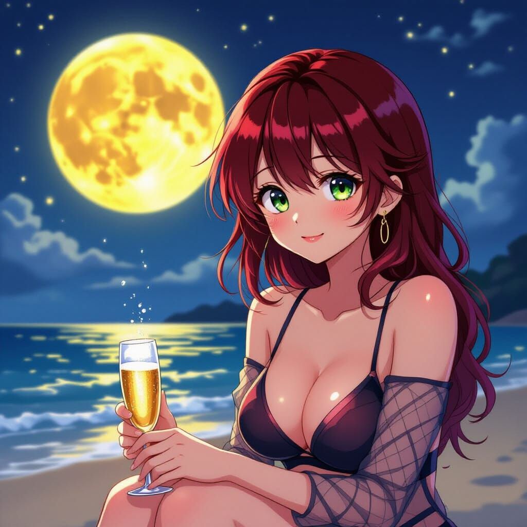 Anime Woman on Beach in Studio Trigger Style