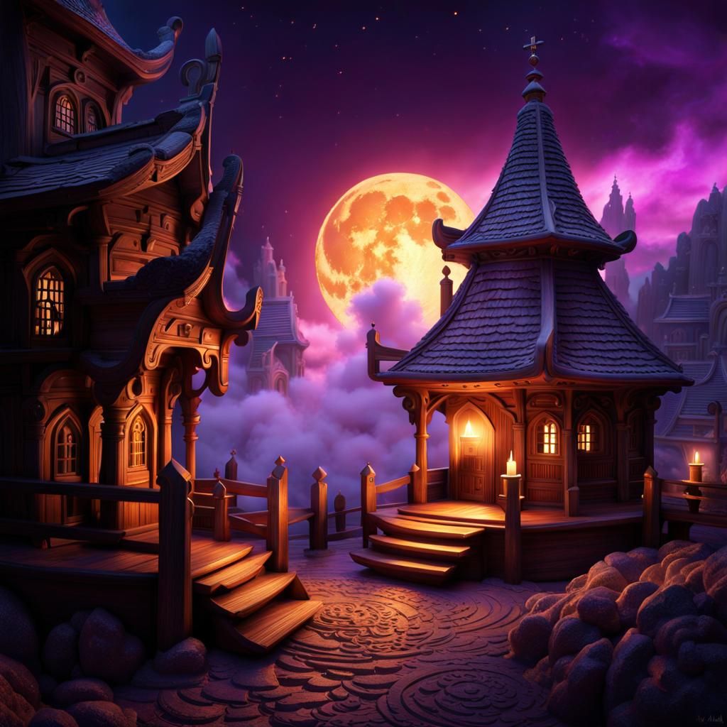 Steampunk Village with Retro-Futuristic Sky