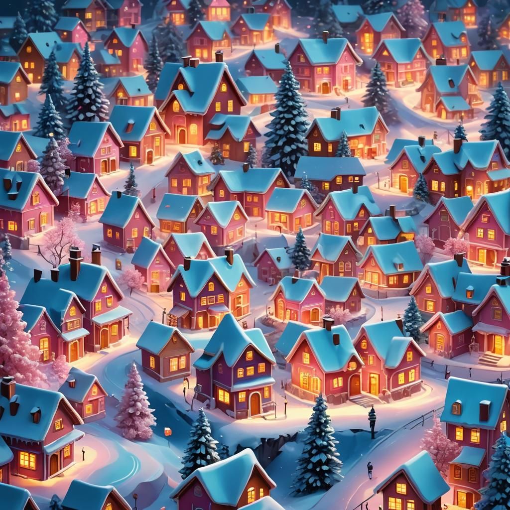 Colorful Winter Village in Candy Art Style