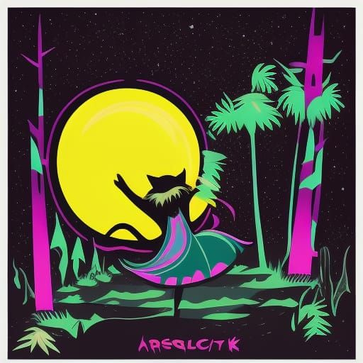 Synthwave Witch Dancing with Black Cat