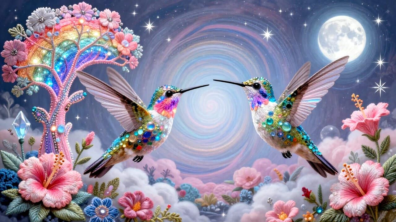 Hummingbirds Made of Flowers and Crystals in Ethereal Light