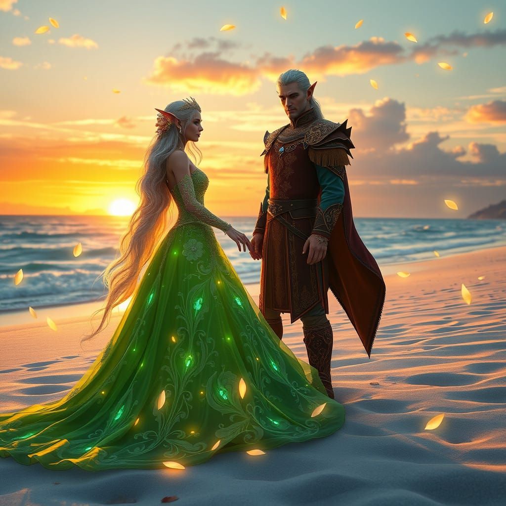 Ethereal Elven Wedding on a Pristine Beach in a Vibrant, Fan...