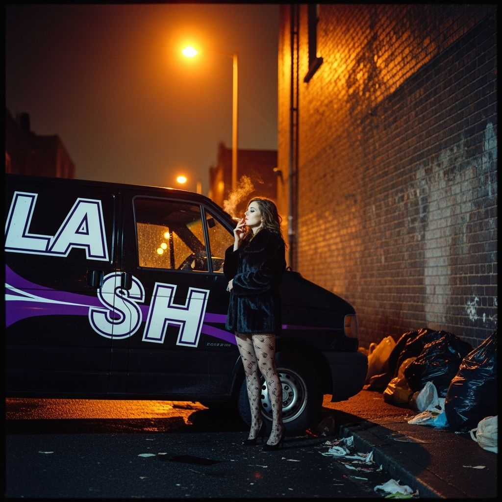 Woman Smoking by Van in Gritty Film Still
