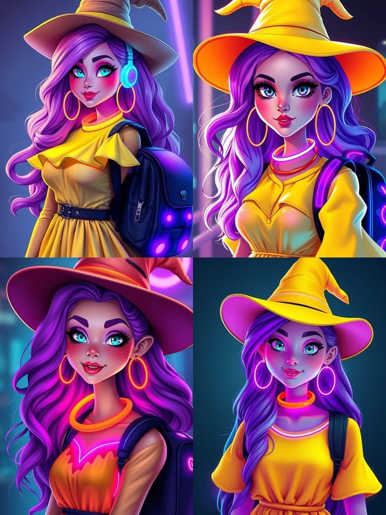 Futuristic Witch Caricature in Retro Cyberpunk Style