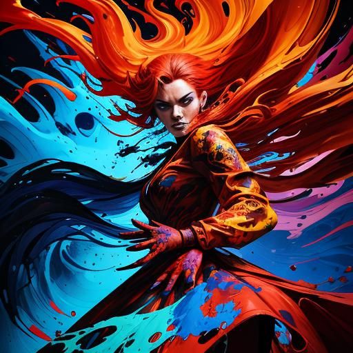 Fiery Woman in Red Dress: Graffiti Art