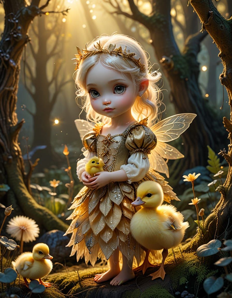 Magical Forest Scene: Gothic Fairy and Duckling