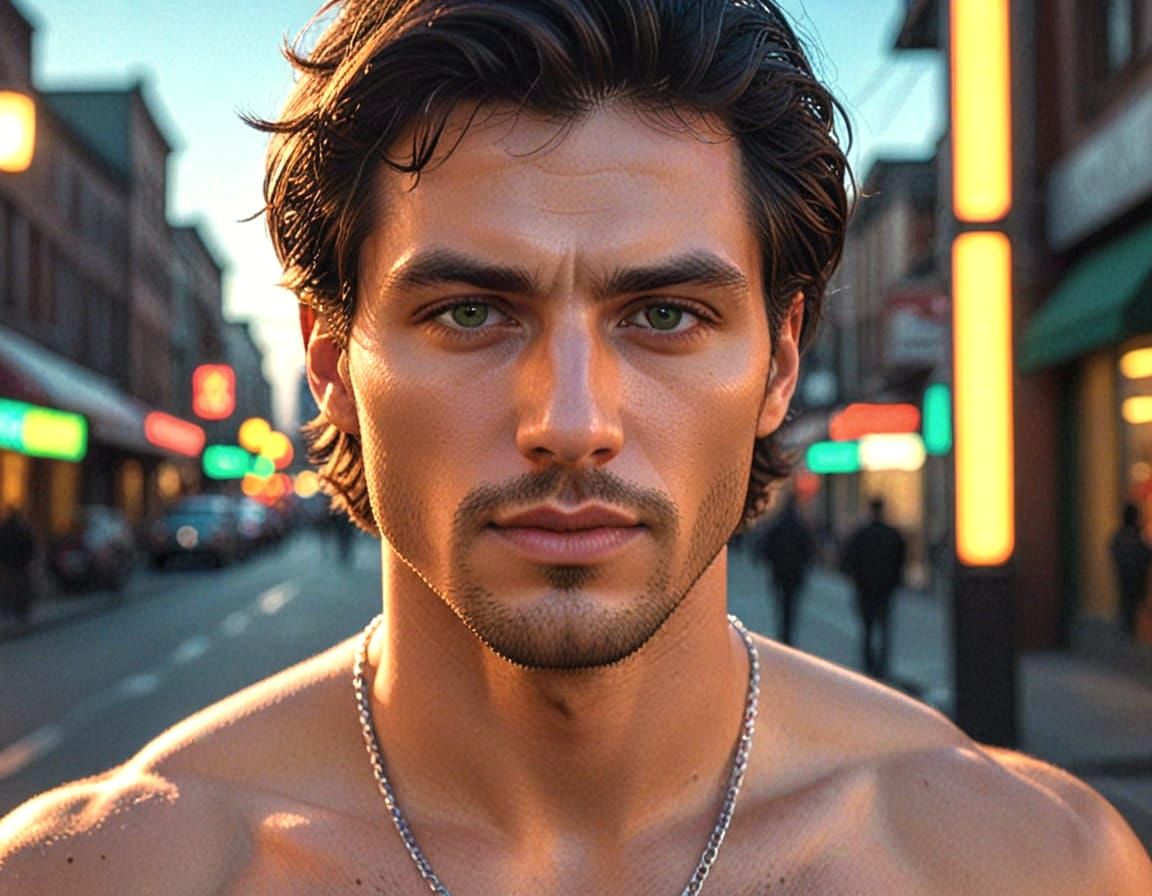 Handsome Man with Dark Hair and Green Eyes in a Red Shirt