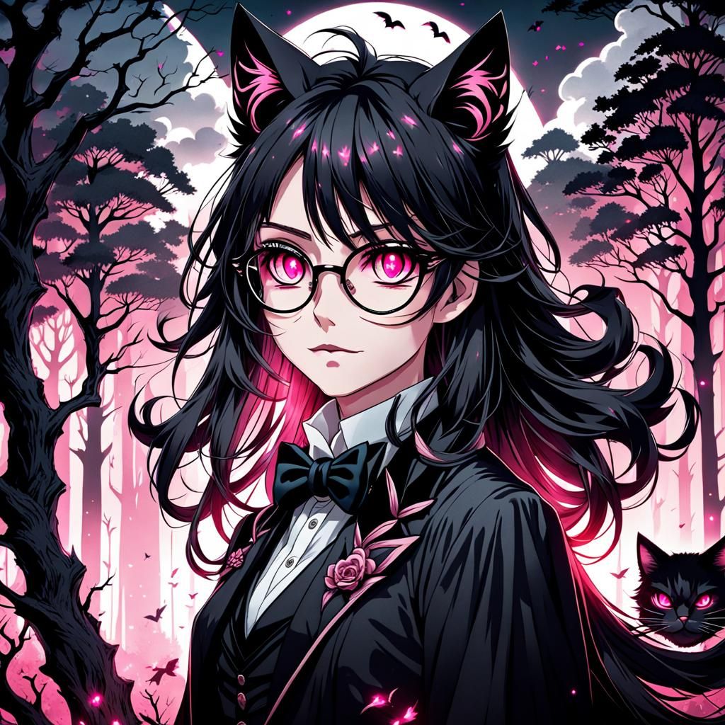 Gothic Victorian Cat-Girl with Glowing Pink Eyes