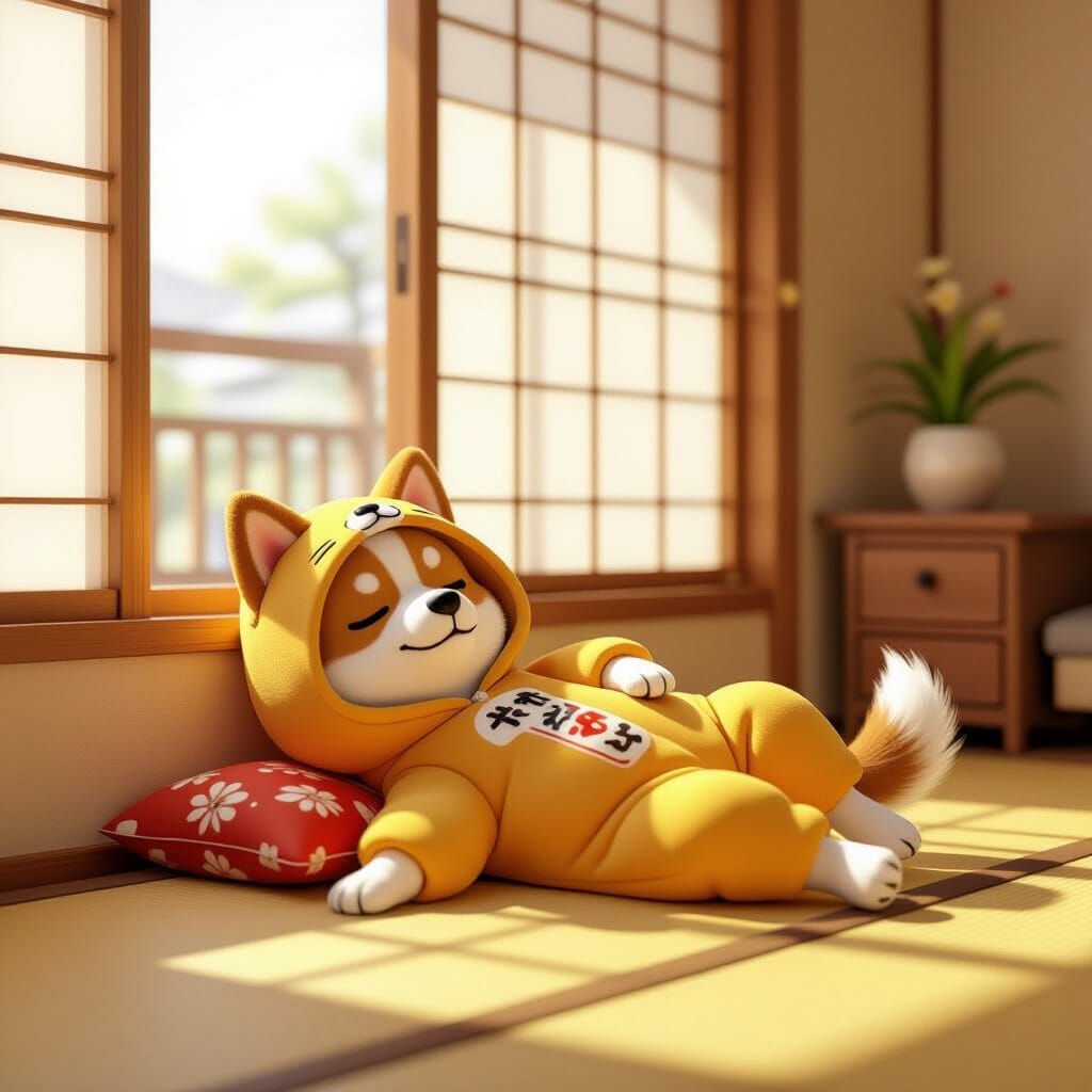 Dog in Yakisoba Bread Onesie Lounging in Retro Japanese Apar...