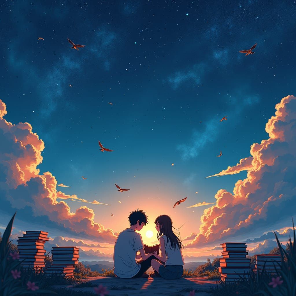 Couple Reading in Star Galaxy, Manga Anime Style