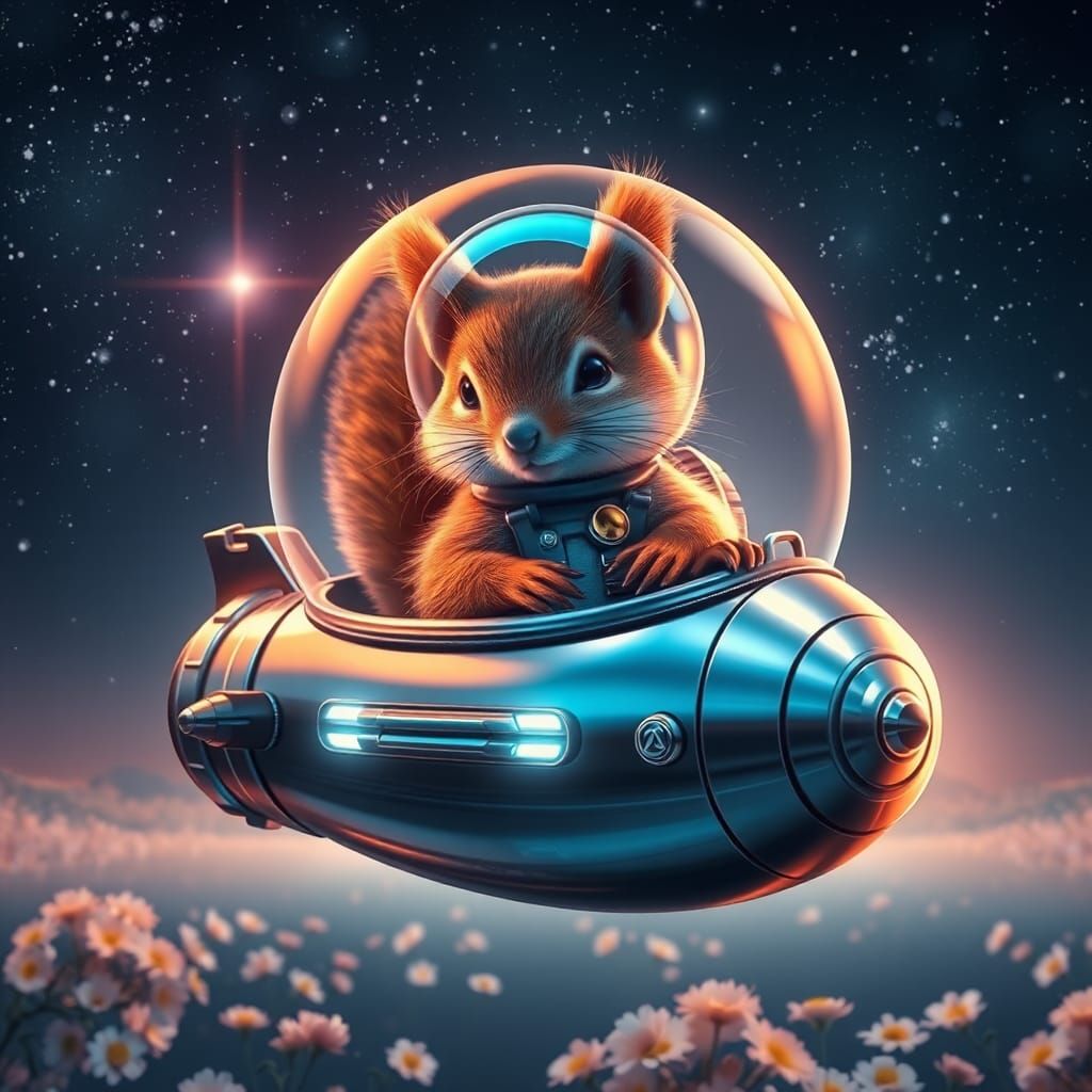 Squirrel in Spaceship Over Flower Lake: Retro Sci-Fi Art