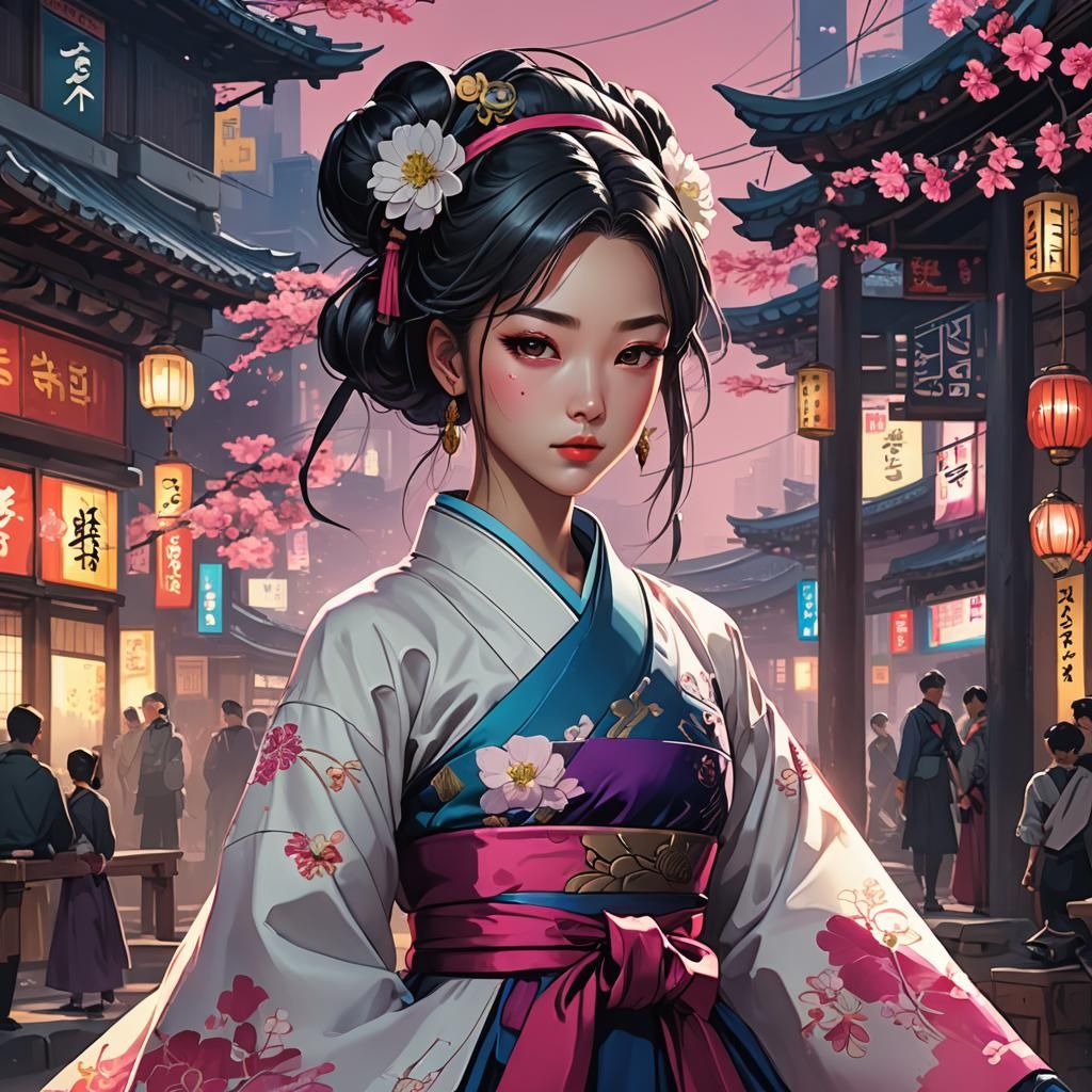 Cyberpunk Korean Princess in Hanbok: Anime Style