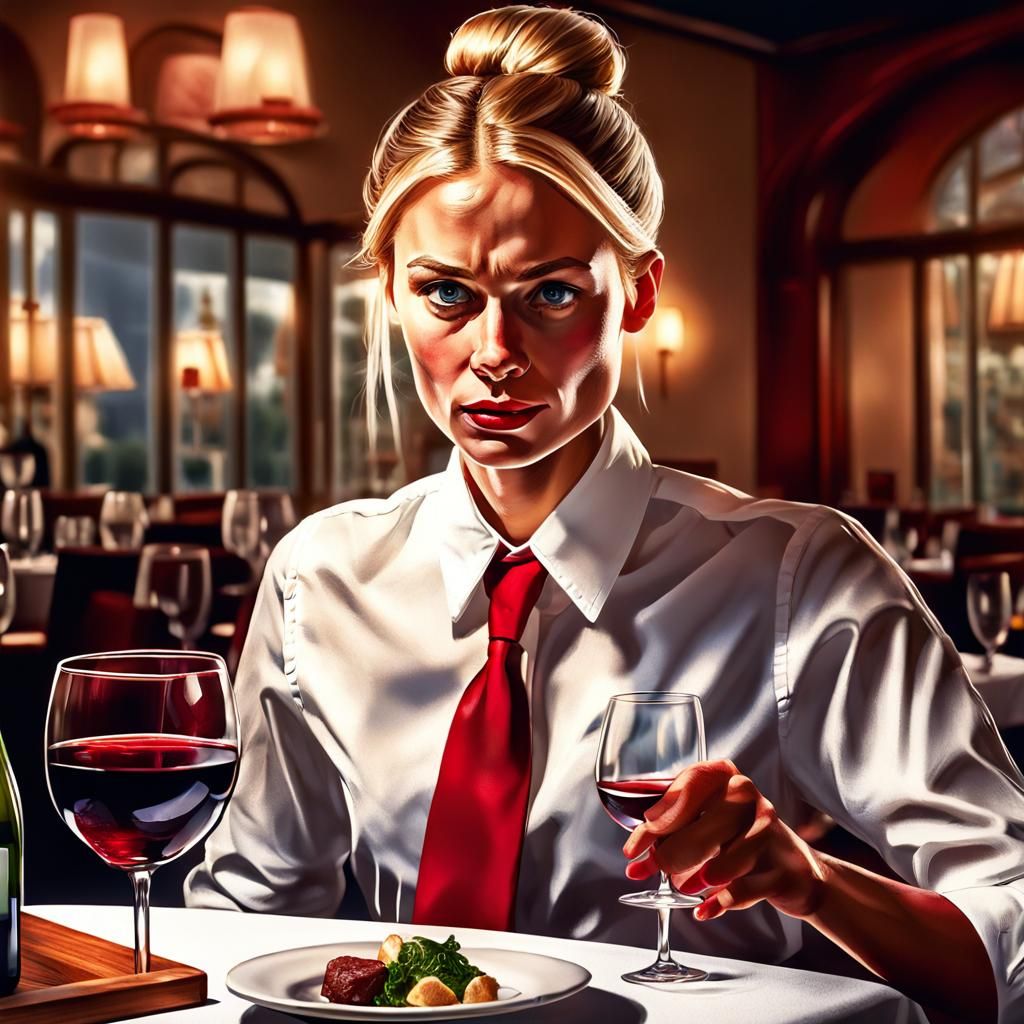 Hyperrealistic Waitress Pours Wine in Restaurant