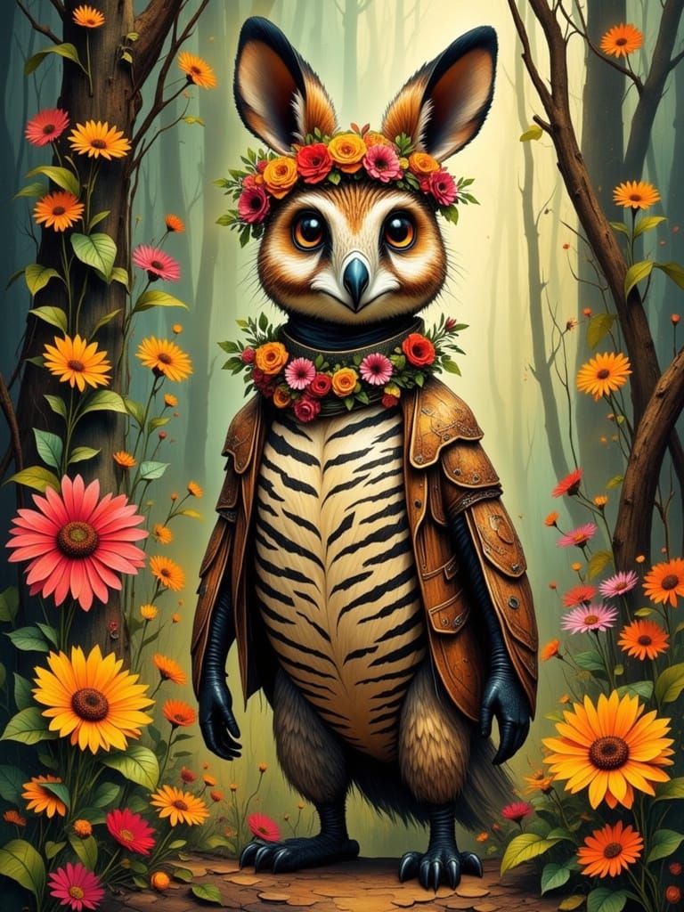 Barn Owl-Zebra-Kangaroo Hybrid in Lush Forest